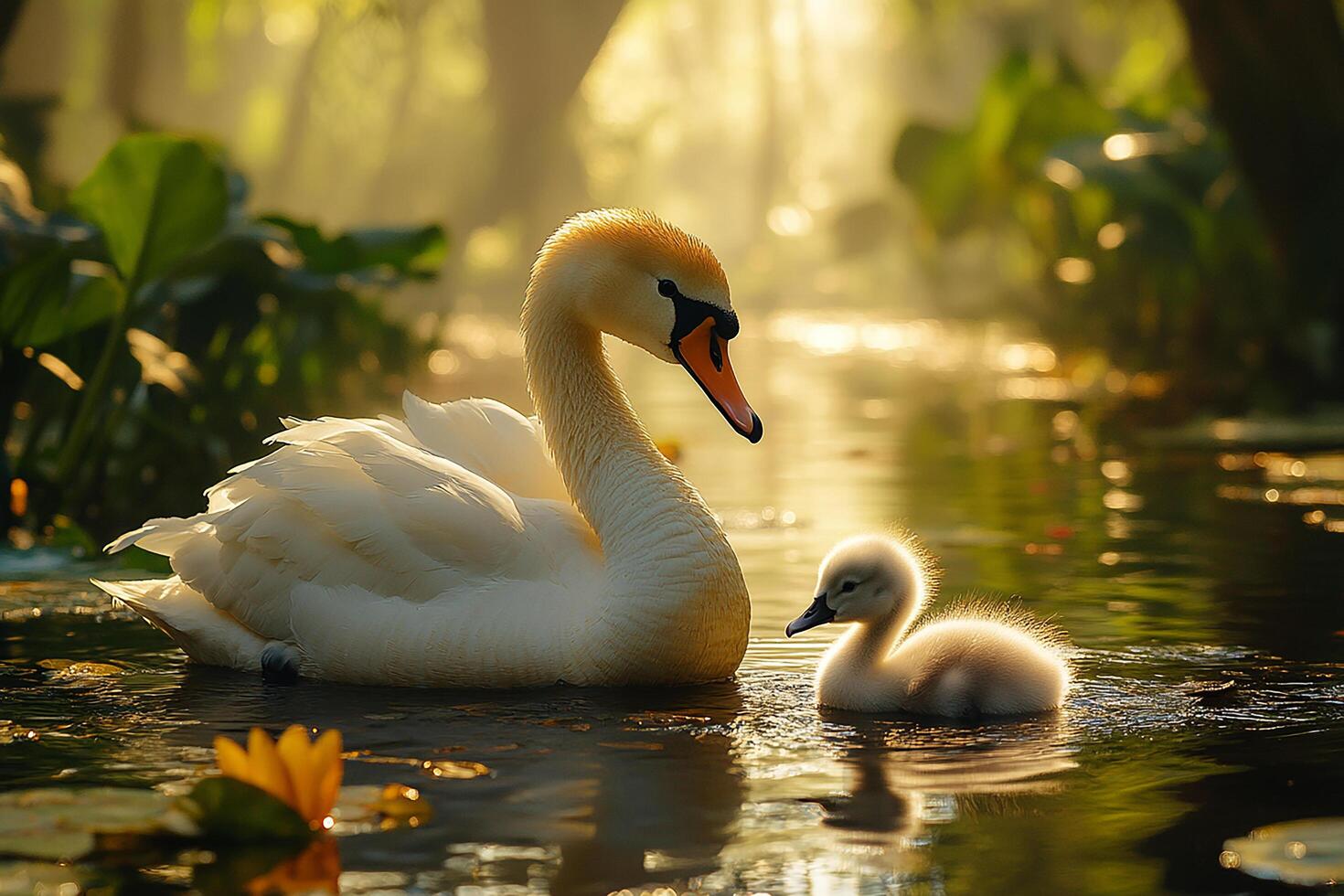 Tow Swan playing with family in beautiful background photo