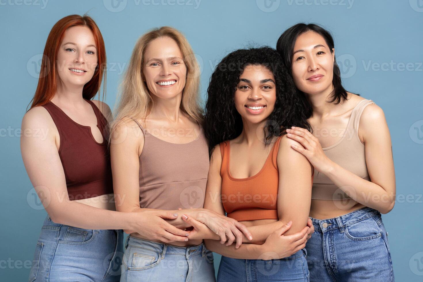 Diverse group of women embracing body positivity and breast cancer awareness photo