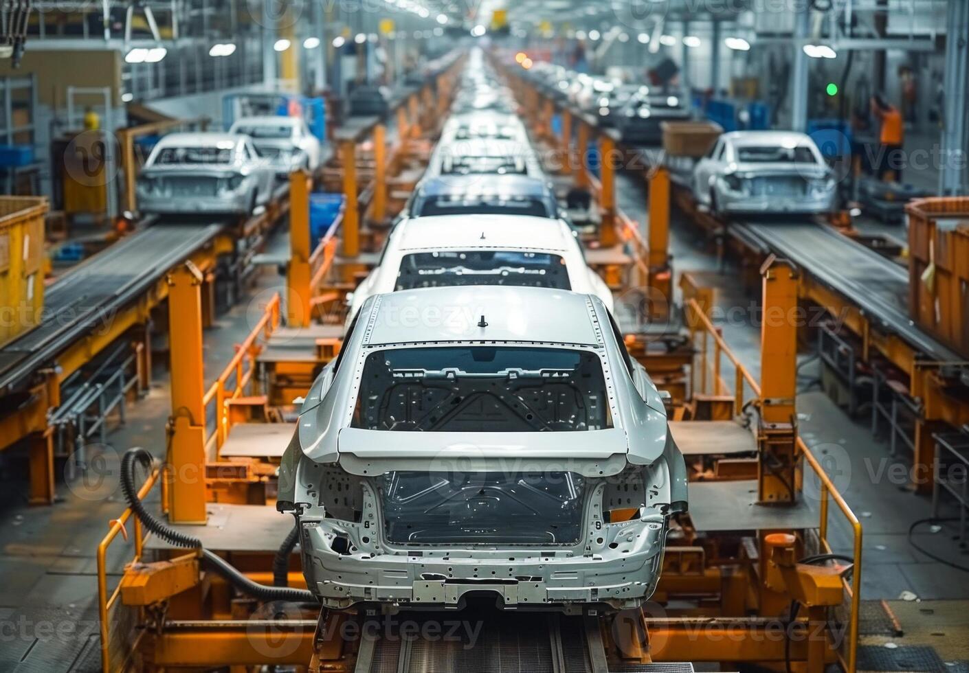 Advanced automotive assembly line featuring partially assembled cars moving on conveyor belts with robotic machinery photo