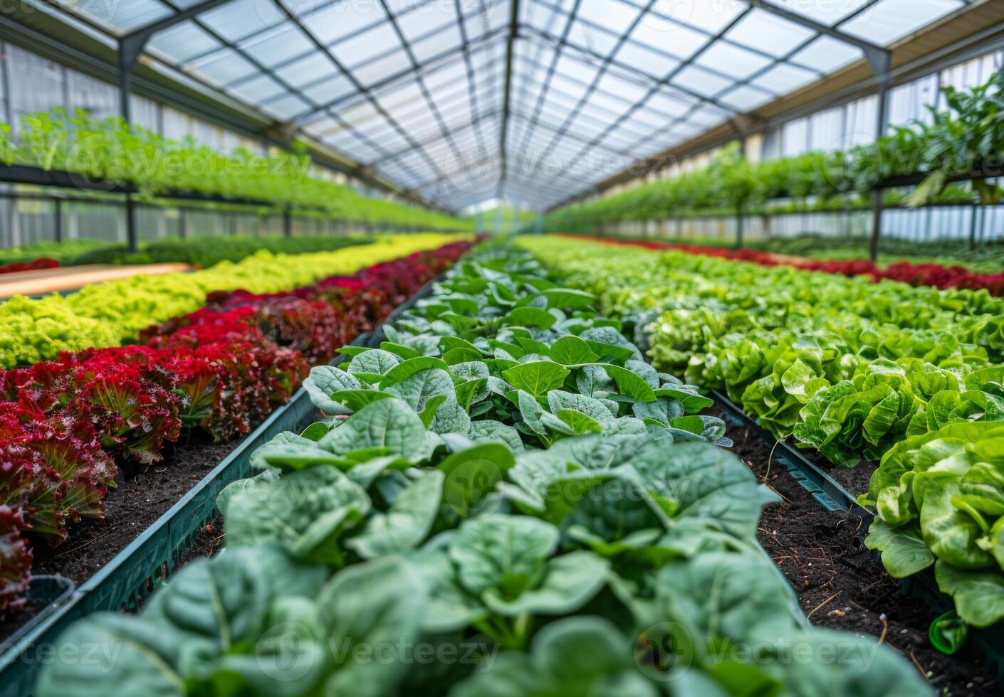An eco-friendly greenhouse with a variety of vegetables growing in orderly rows photo