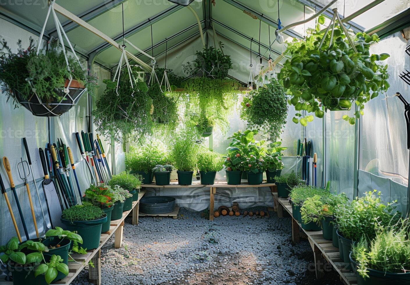 An interior shot of a greenhouse featuring hanging plants and potted herbs, with gardening tools neatly arranged photo