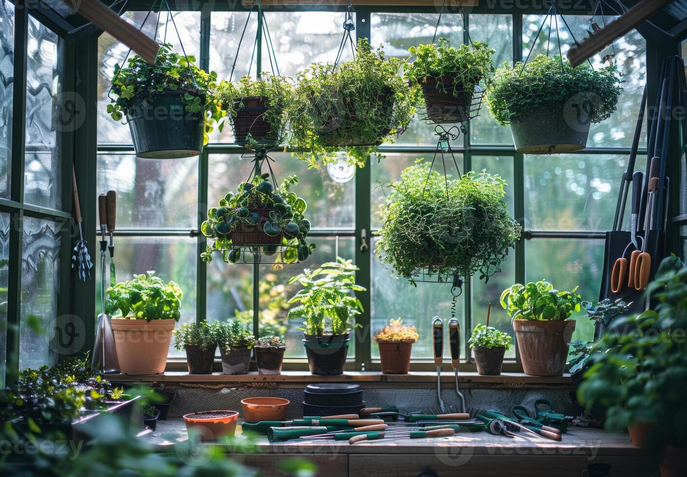 An interior shot of a greenhouse featuring hanging plants and potted herbs, with gardening tools neatly arranged photo
