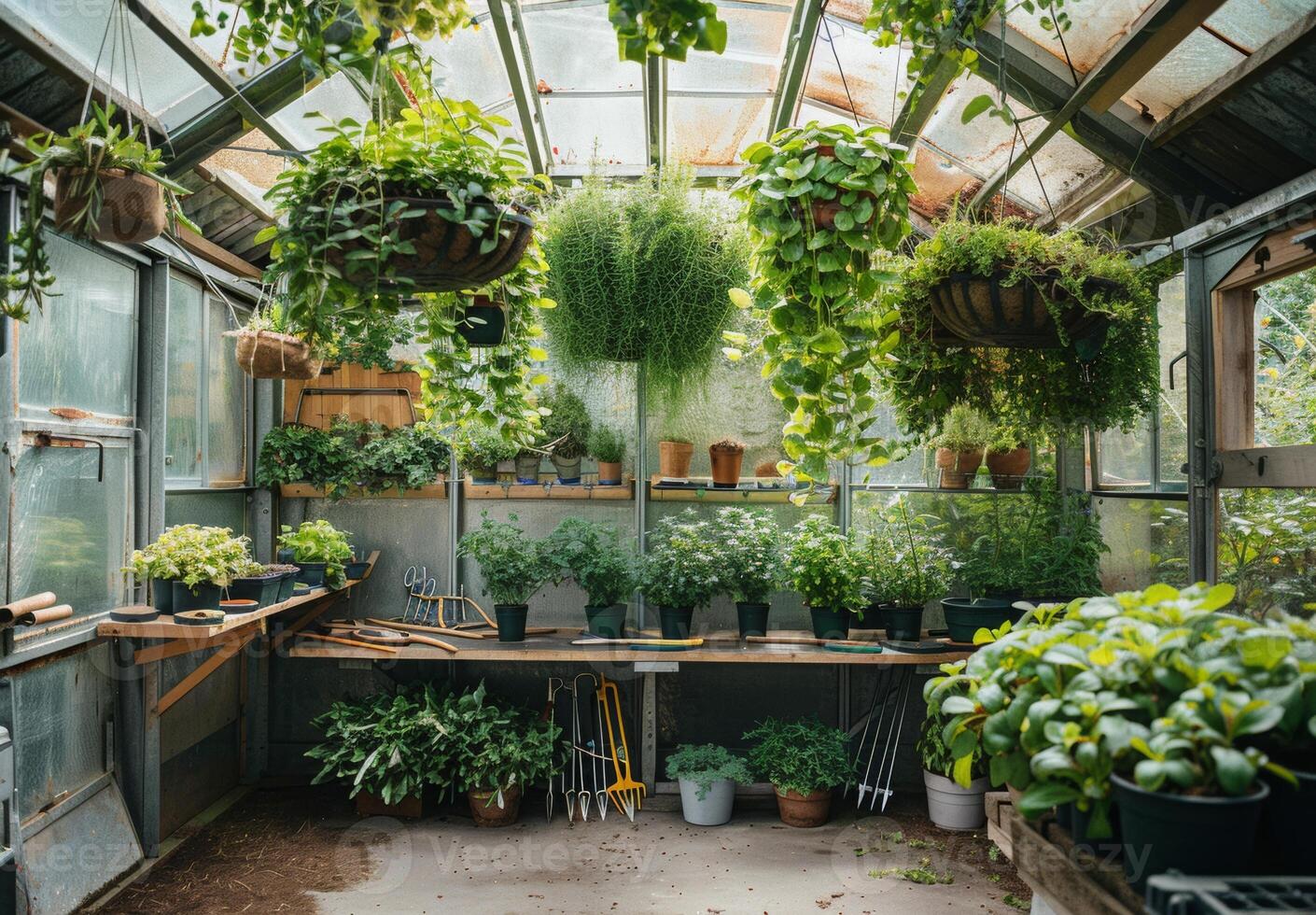 An interior shot of a greenhouse featuring hanging plants and potted herbs, with gardening tools neatly arranged photo