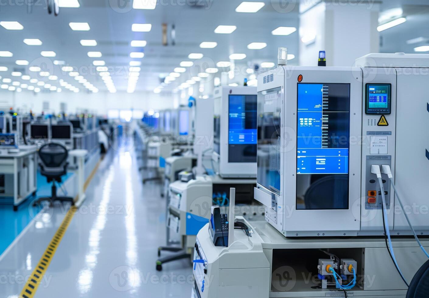 Detailed image of a semiconductor manufacturing cleanroom with sophisticated equipment and meticulously organized workstations photo