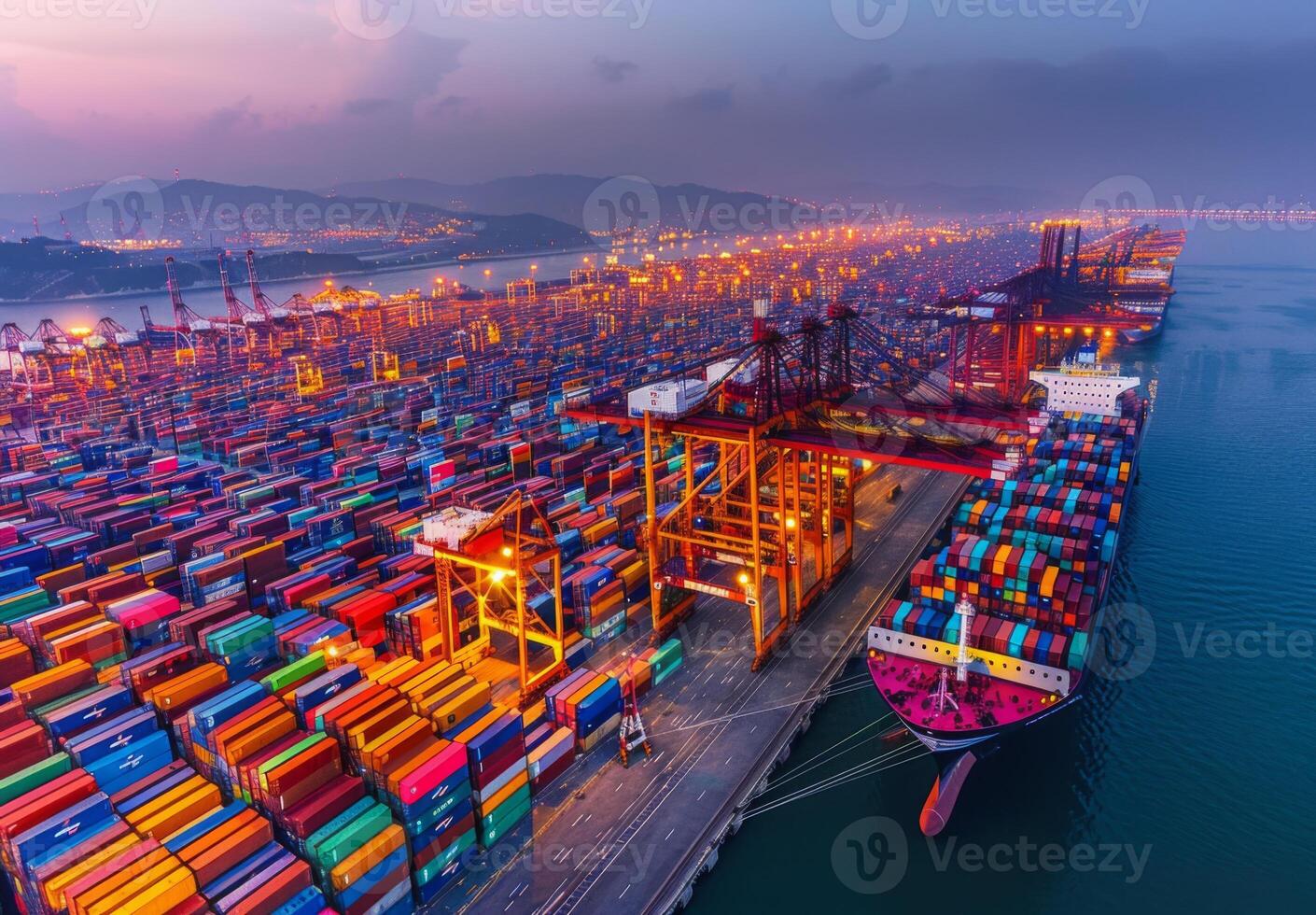 Expansive shipping port at dusk, with container ships docked and cargo cranes towering over stacks of colorful containers photo