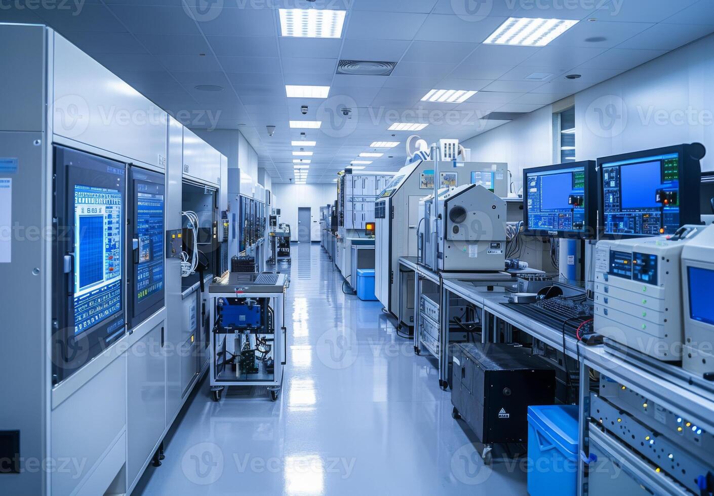 Detailed image of a semiconductor manufacturing cleanroom with sophisticated equipment and meticulously organized workstations photo