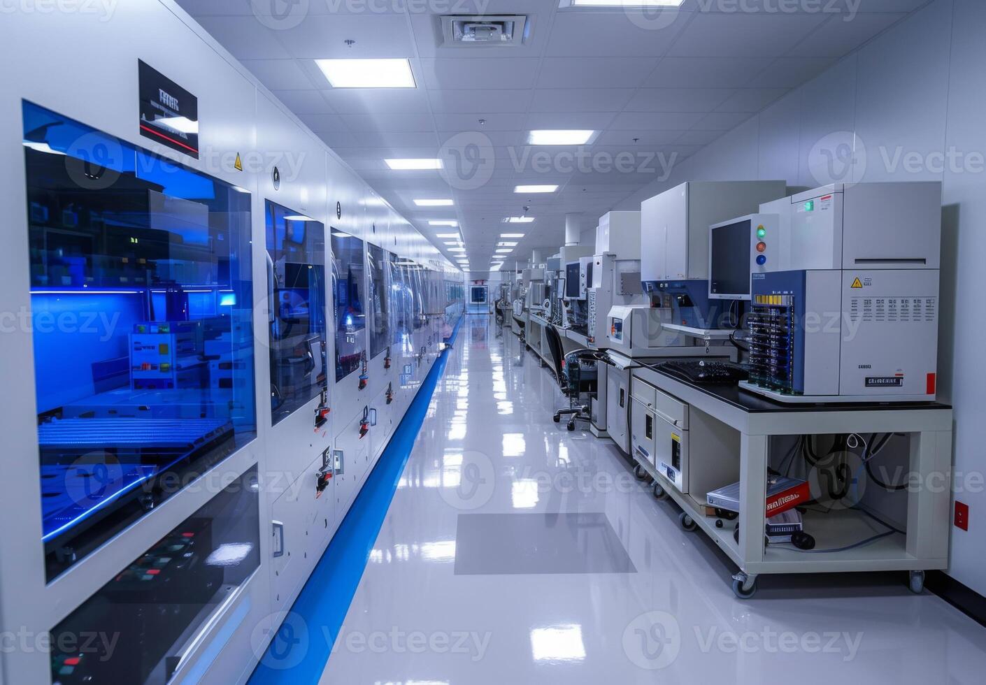 Detailed image of a semiconductor manufacturing cleanroom with sophisticated equipment and meticulously organized workstations photo