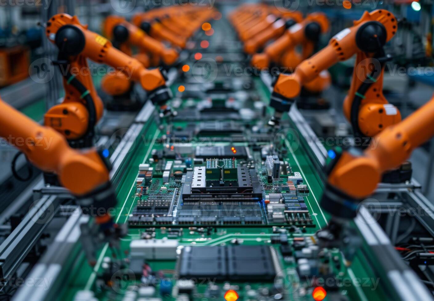 Close-up shot of a high-tech factory floor filled with automated robotic arms assembling electronic components photo