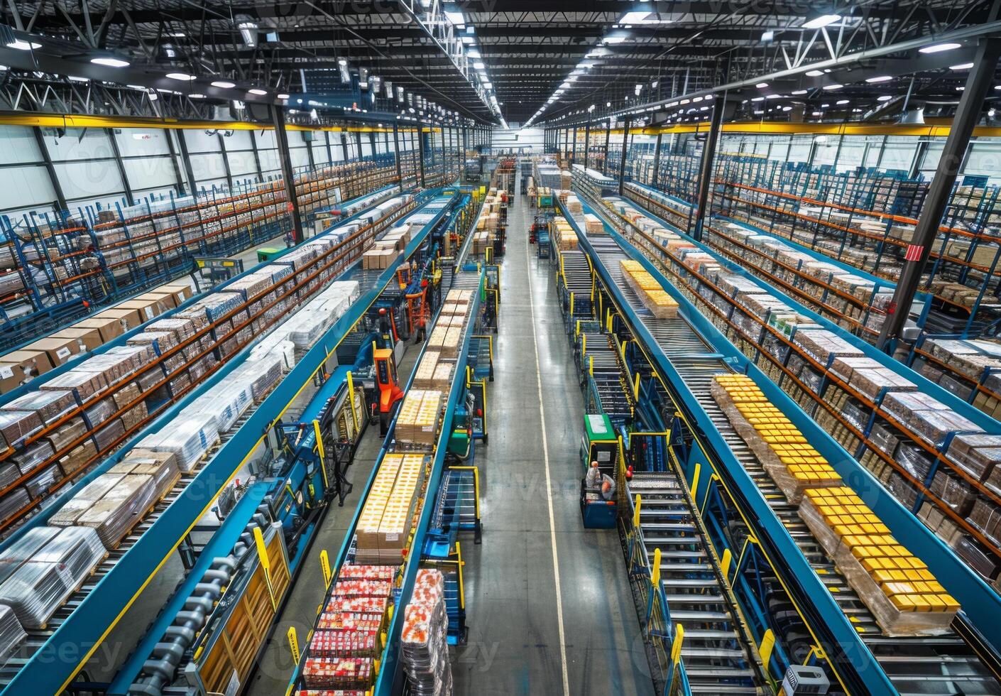High-angle view of a bustling logistics warehouse with automated sorting systems and organized rows of packaged goods photo