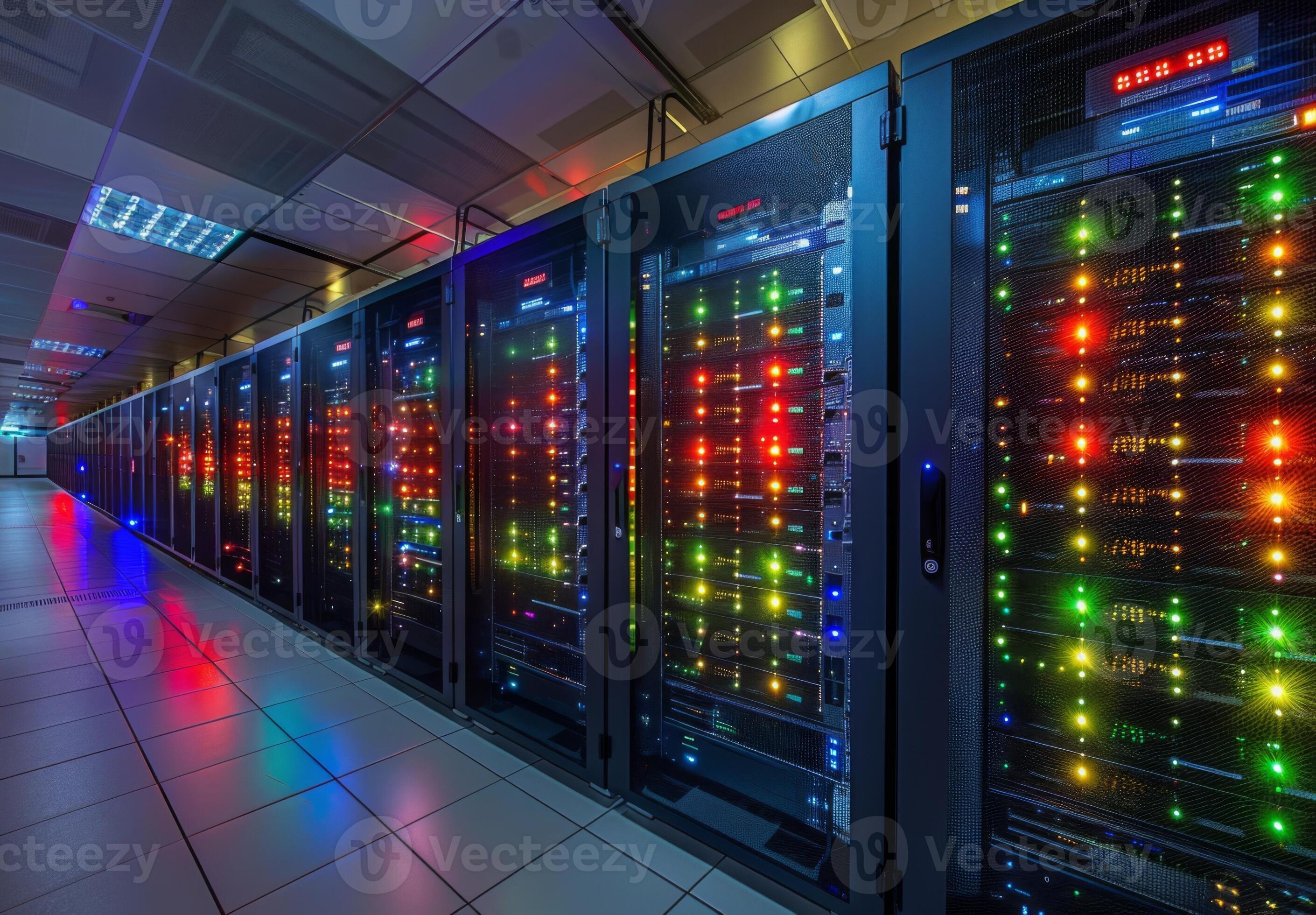Interior of a cutting-edge data center with rows of servers and ...