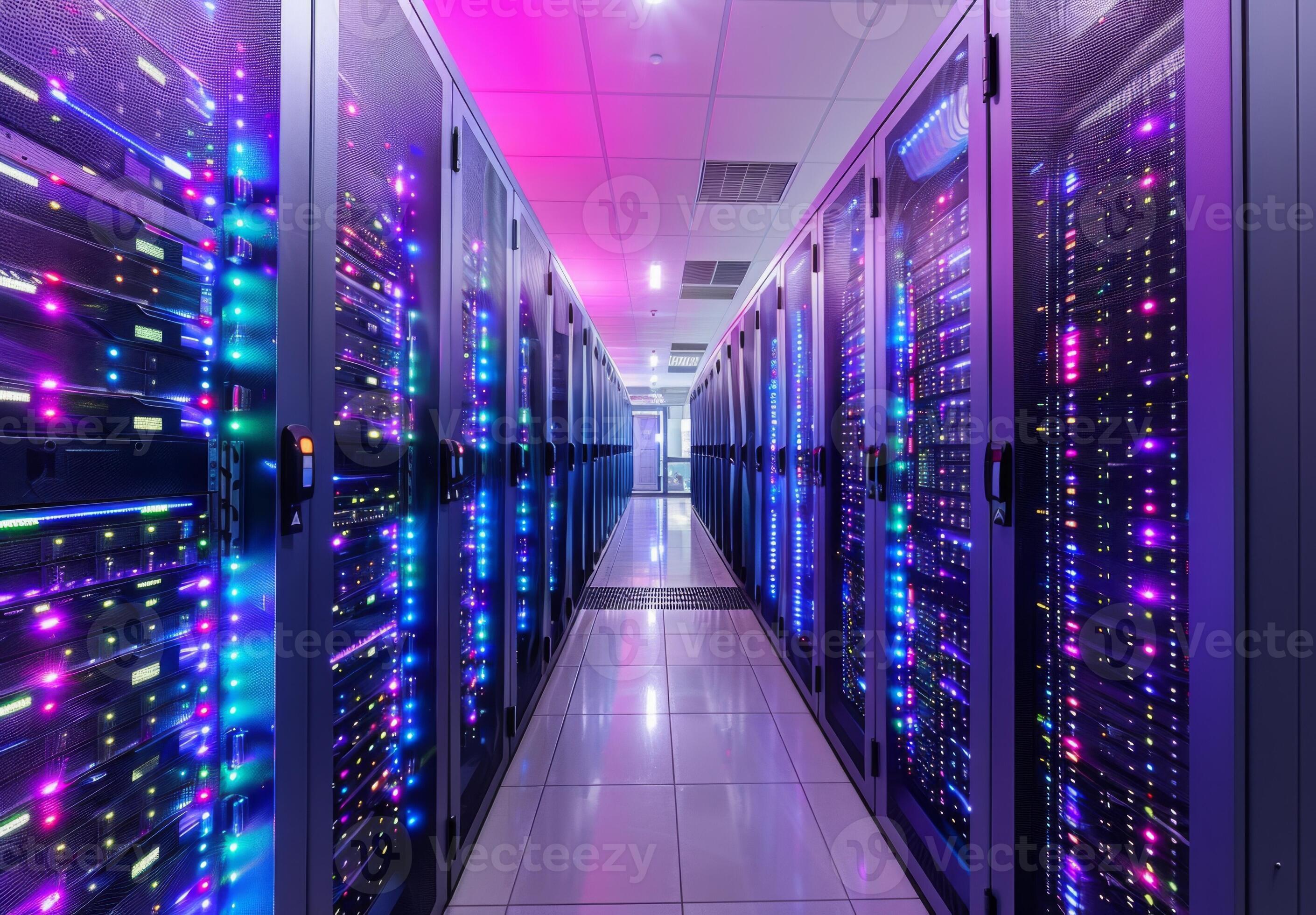 Interior of a cutting-edge data center with rows of servers and ...
