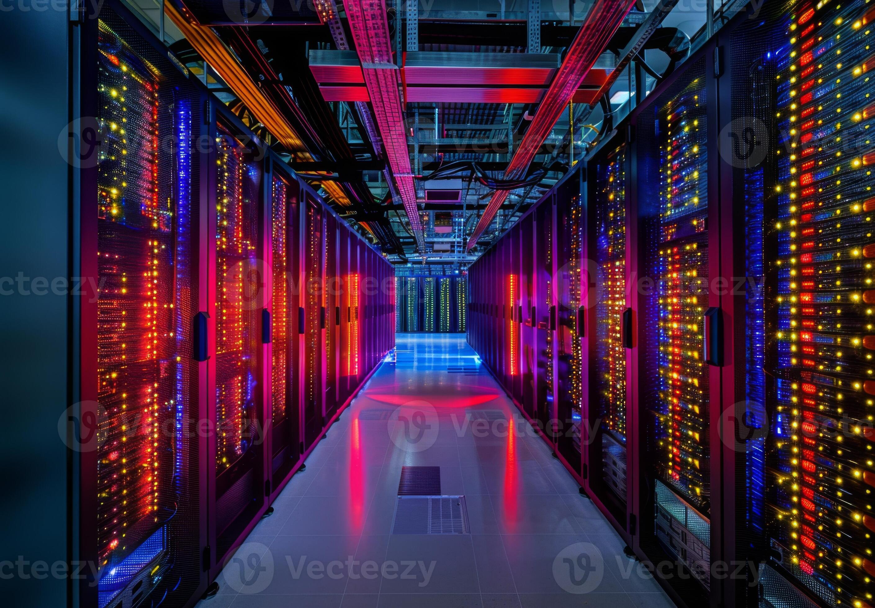 Interior of a cutting-edge data center with rows of servers and ...