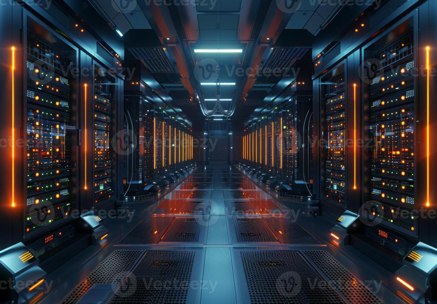 Interior of a cutting-edge data center with rows of servers and blinking lights, emphasizing advanced technology photo