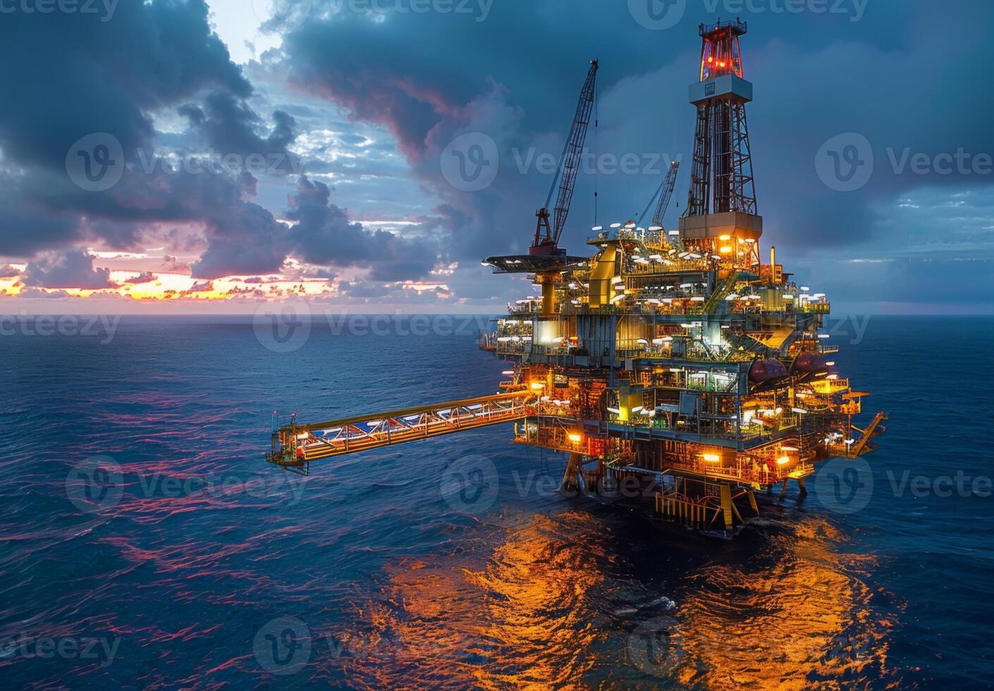 Panoramic view of an offshore oil rig illuminated by the setting sun, surrounded by the vast expanse of the ocean photo