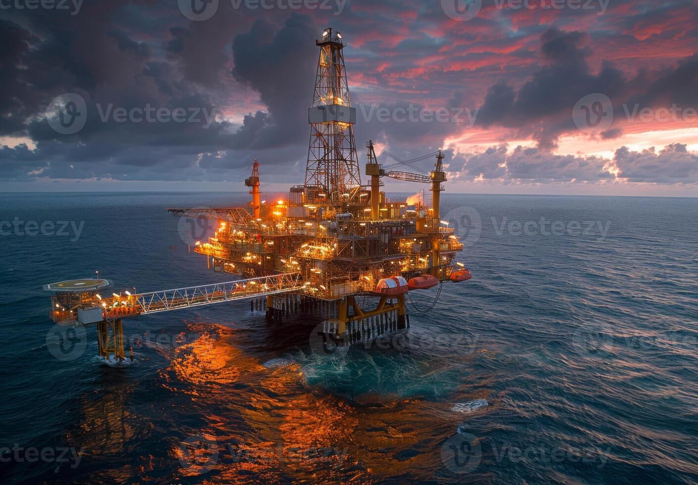 Panoramic view of an offshore oil rig illuminated by the setting sun, surrounded by the vast expanse of the ocean photo