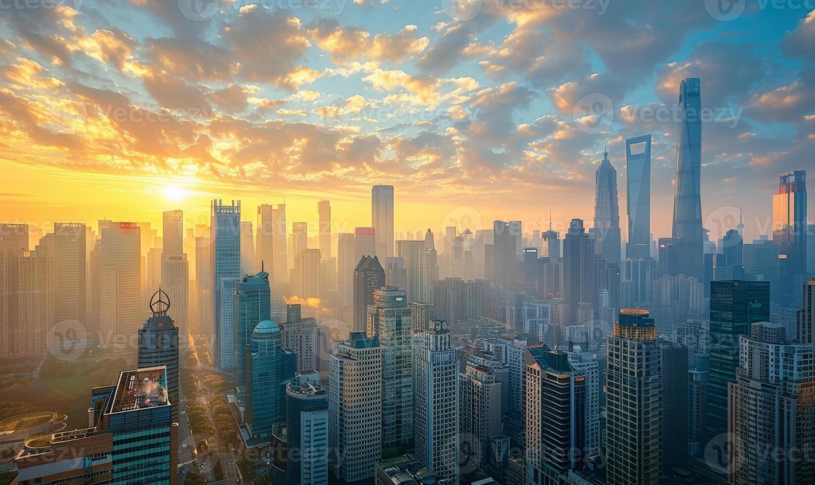A bustling city skyline with towering skyscrapers, bathed in the golden hues of a sunset photo