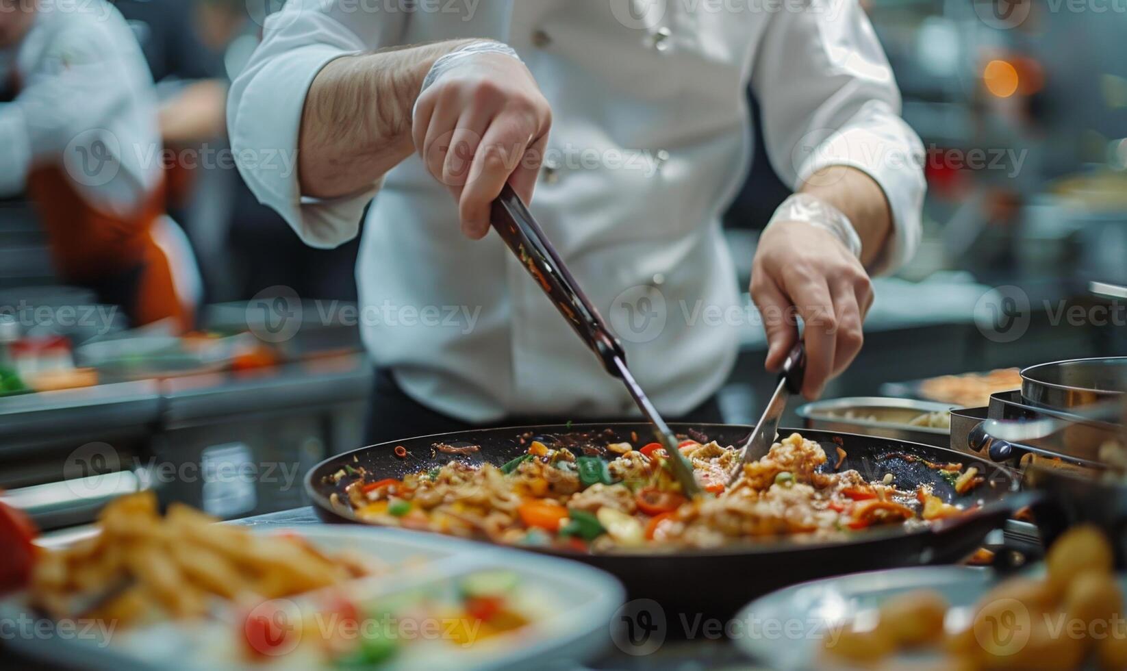 A close-up of a chef's hands preparing food in a bustling kitchen photo