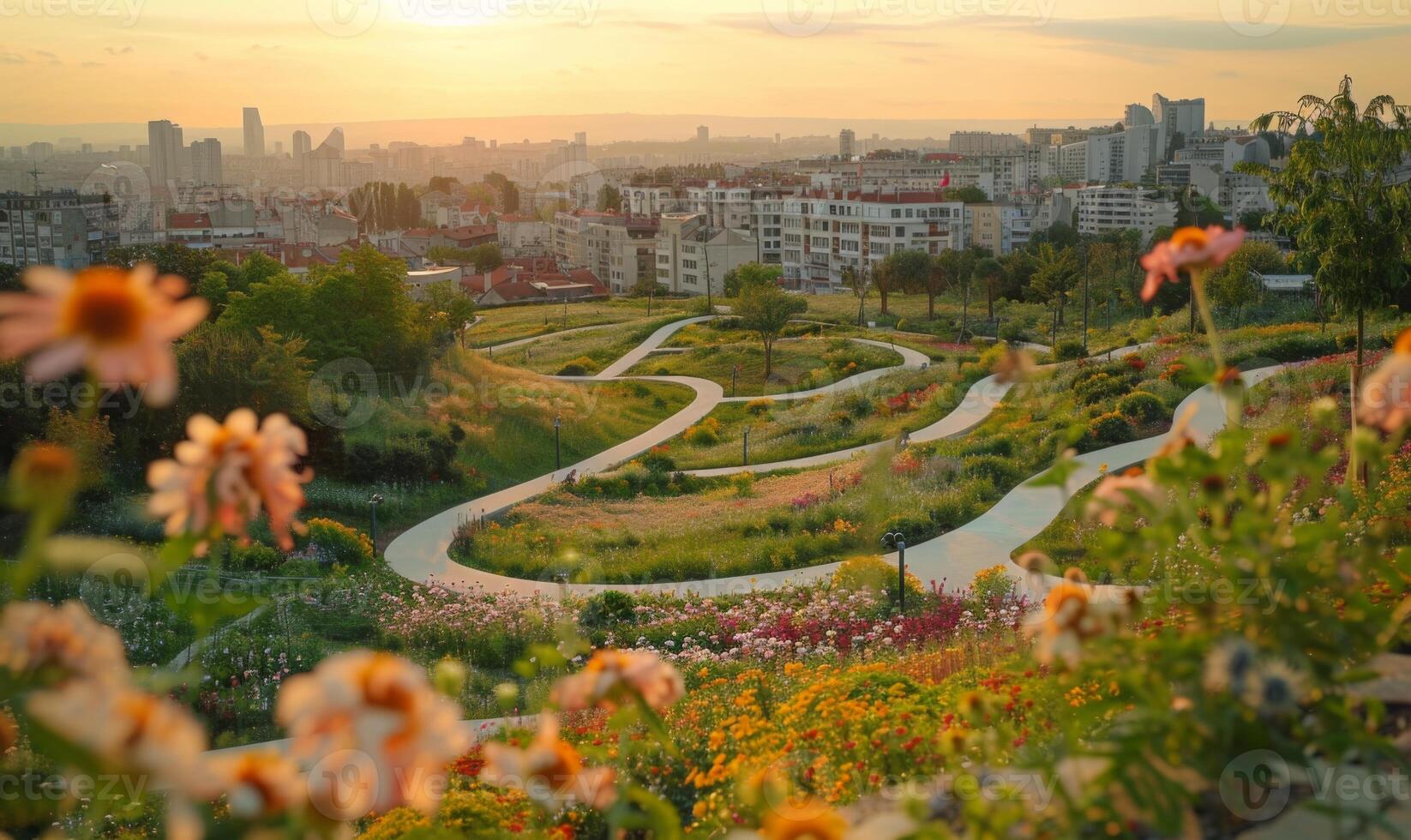 A close-up of a city park seen from above, with winding paths, blooming flowers, and the cityscape in the background photo