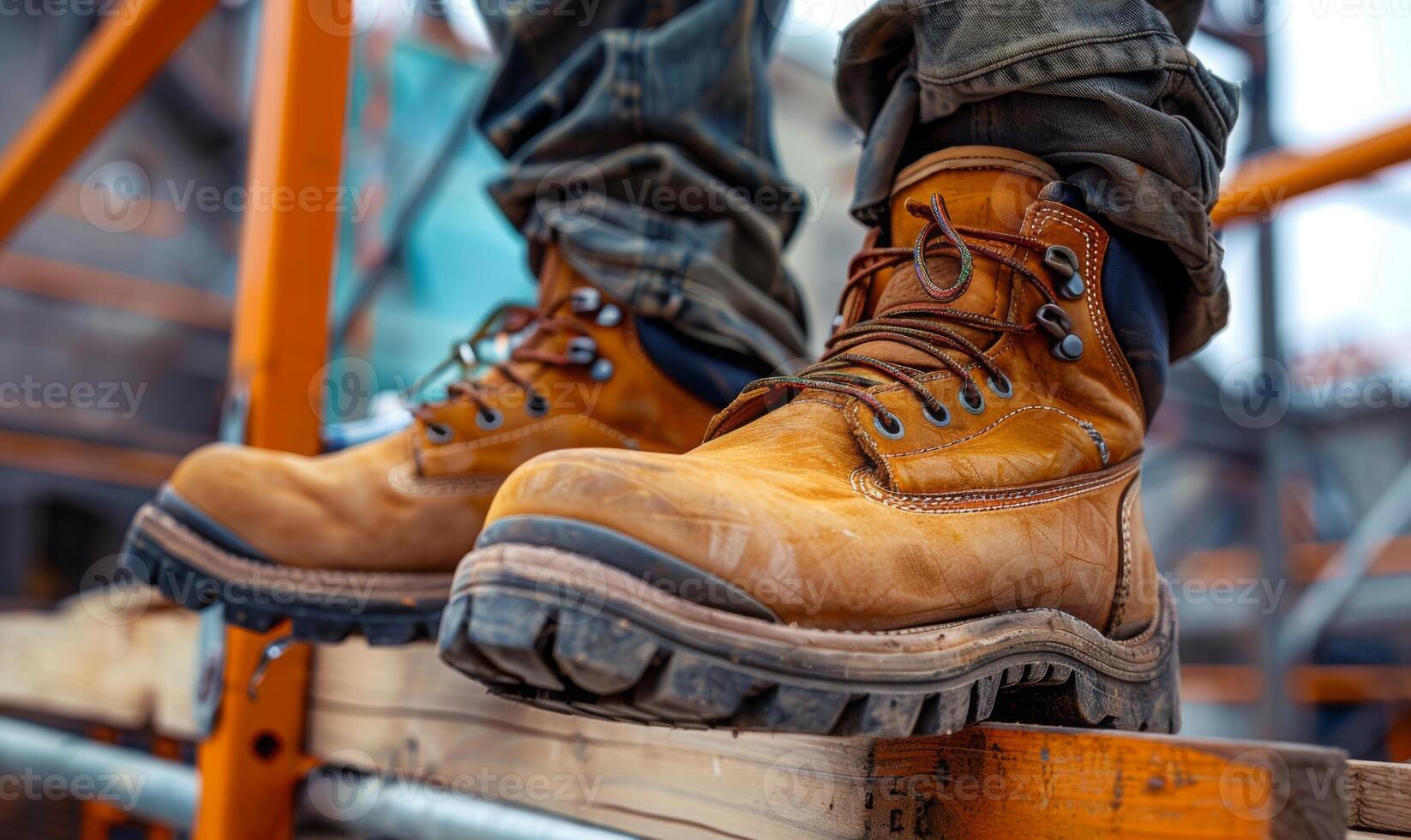 A close-up of a construction worker's boots standing on a scaffold photo