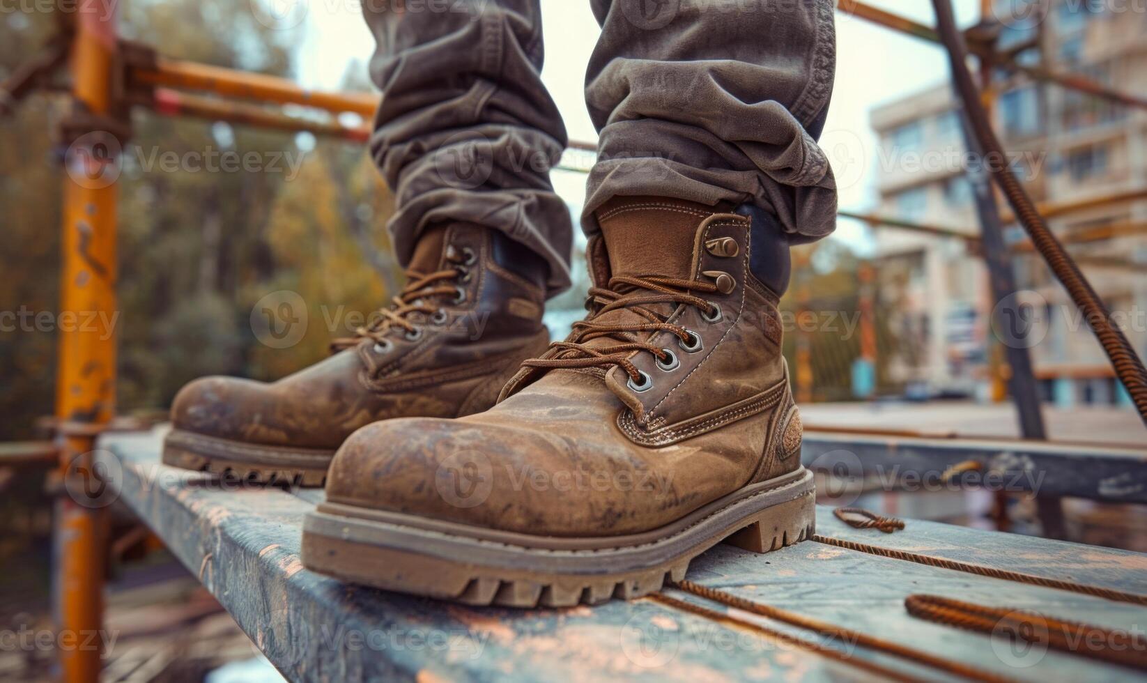 A close-up of a construction worker's boots standing on a scaffold photo