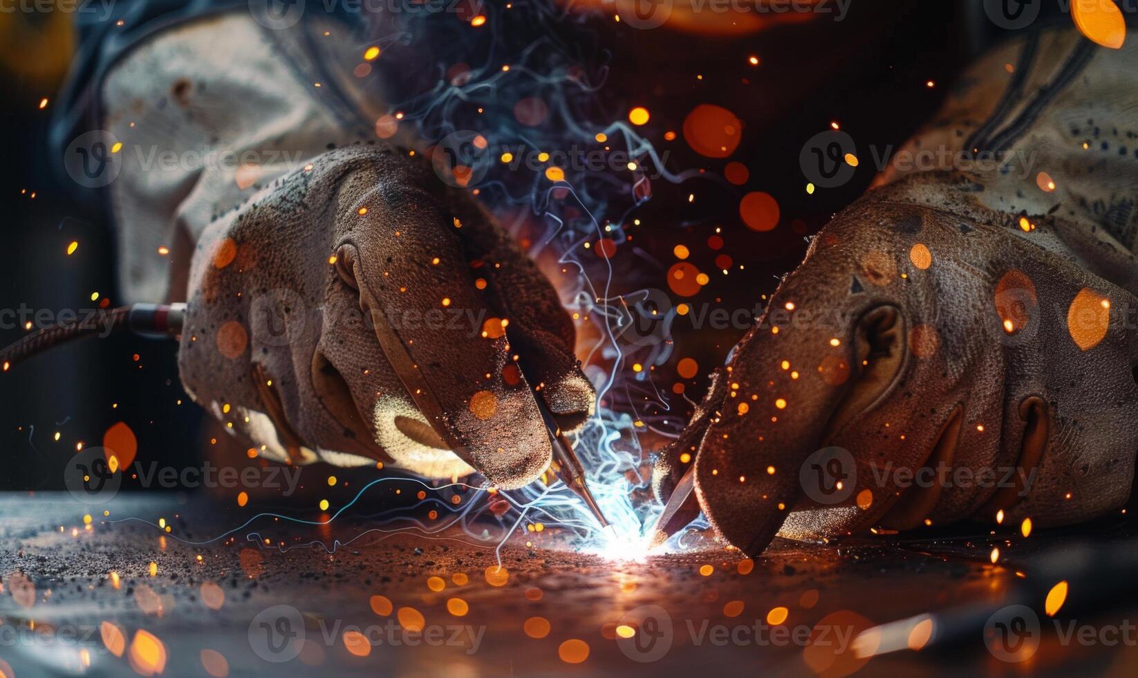 A close-up of a welder's hands and tools in action, sparks flying photo