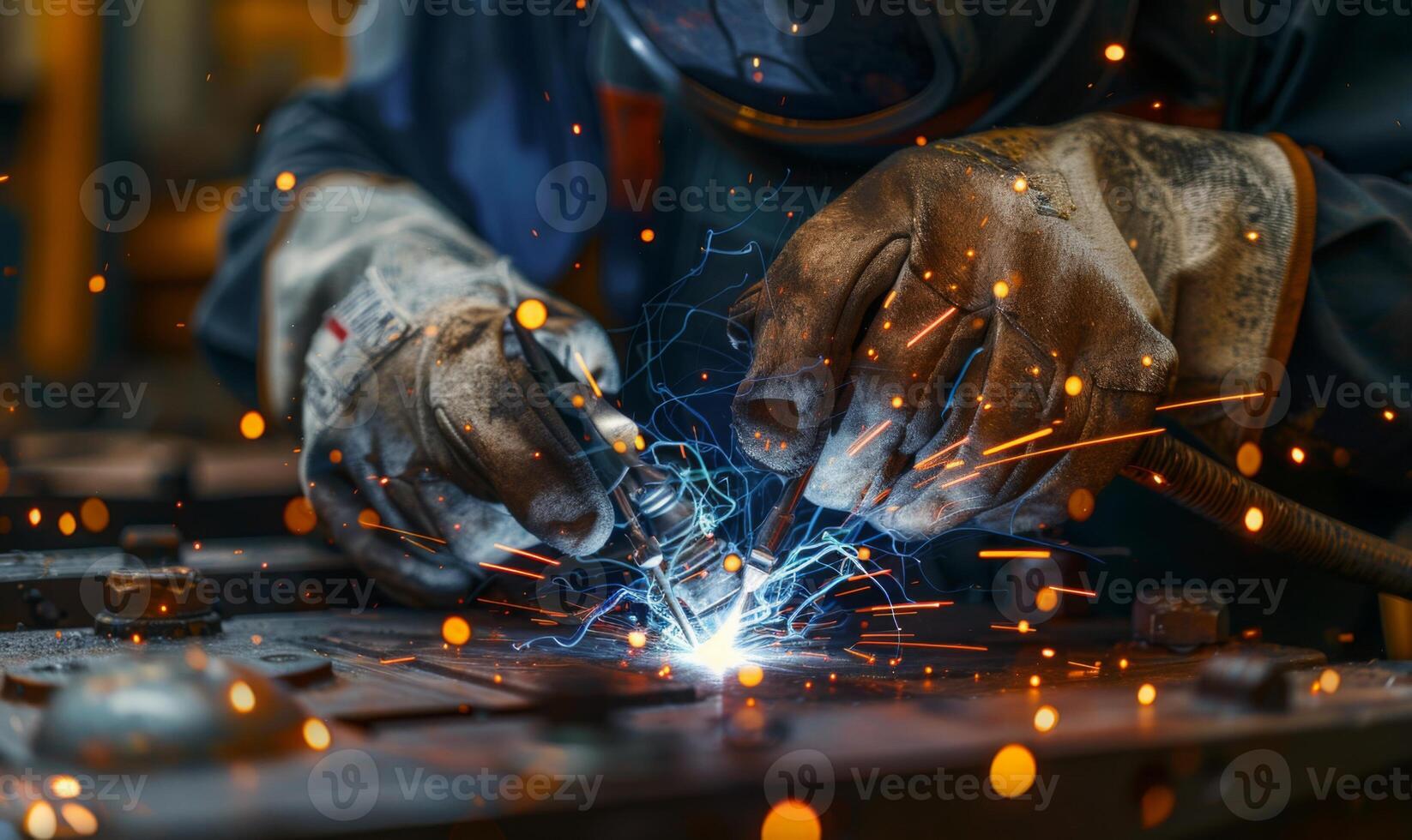 A close-up of a welder's hands and tools in action, sparks flying photo