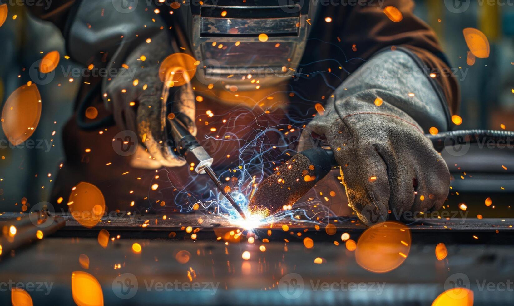 A close-up of a welder's hands and tools in action, sparks flying photo