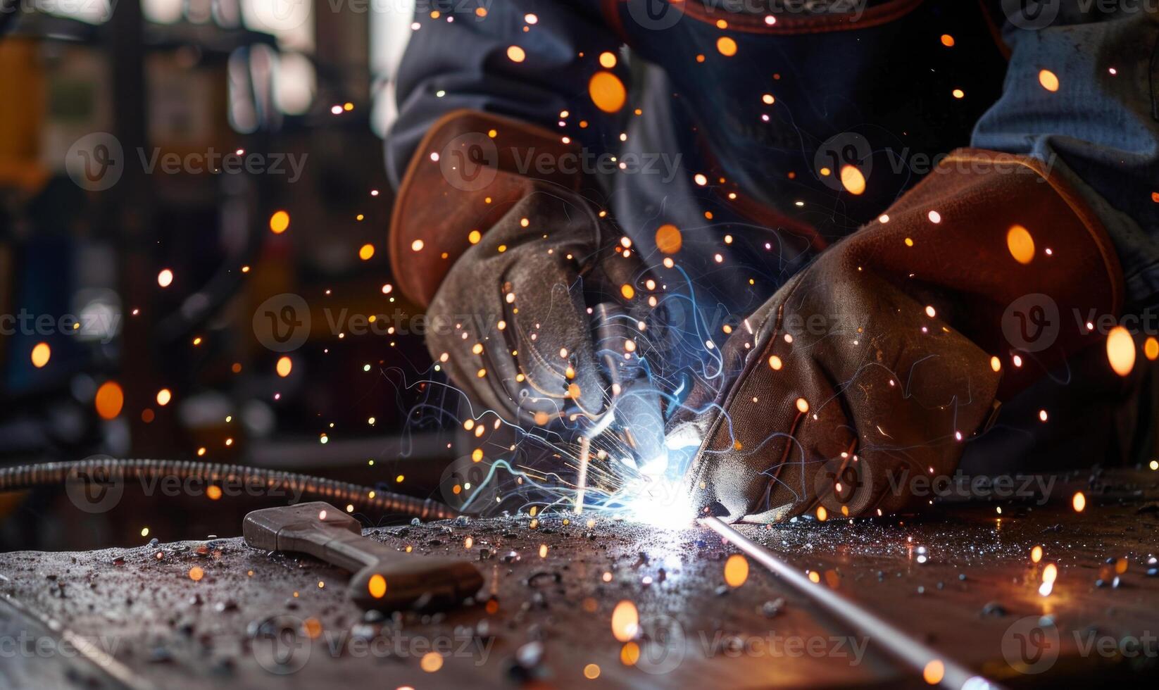 A close-up of a welder's hands and tools in action, sparks flying photo