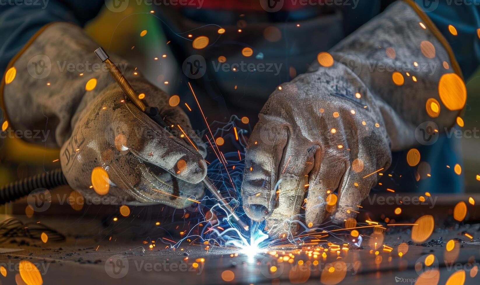 A close-up of a welder's hands and tools in action, sparks flying photo