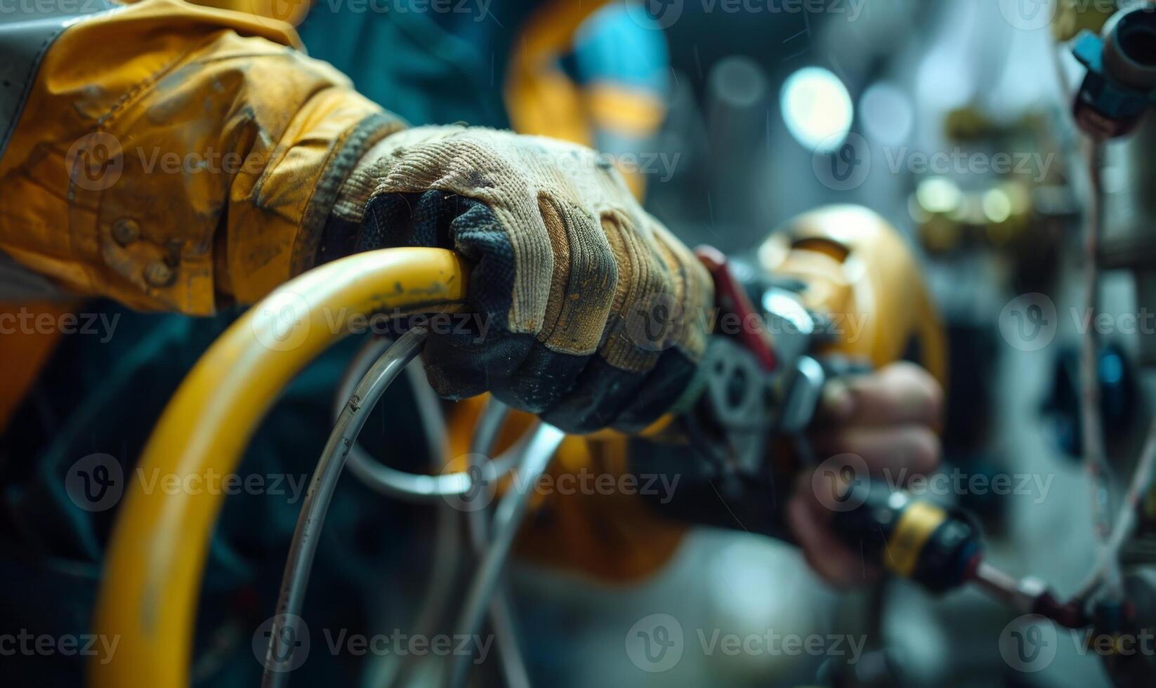 A close-up of a worker's hands gripping tools photo