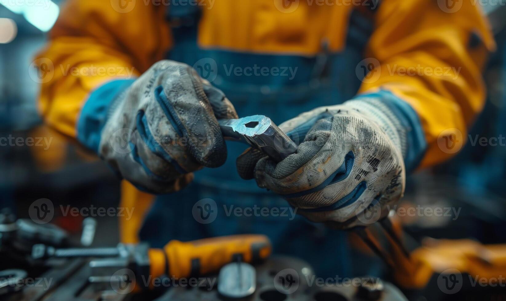 A close-up of a worker's hands gripping tools photo