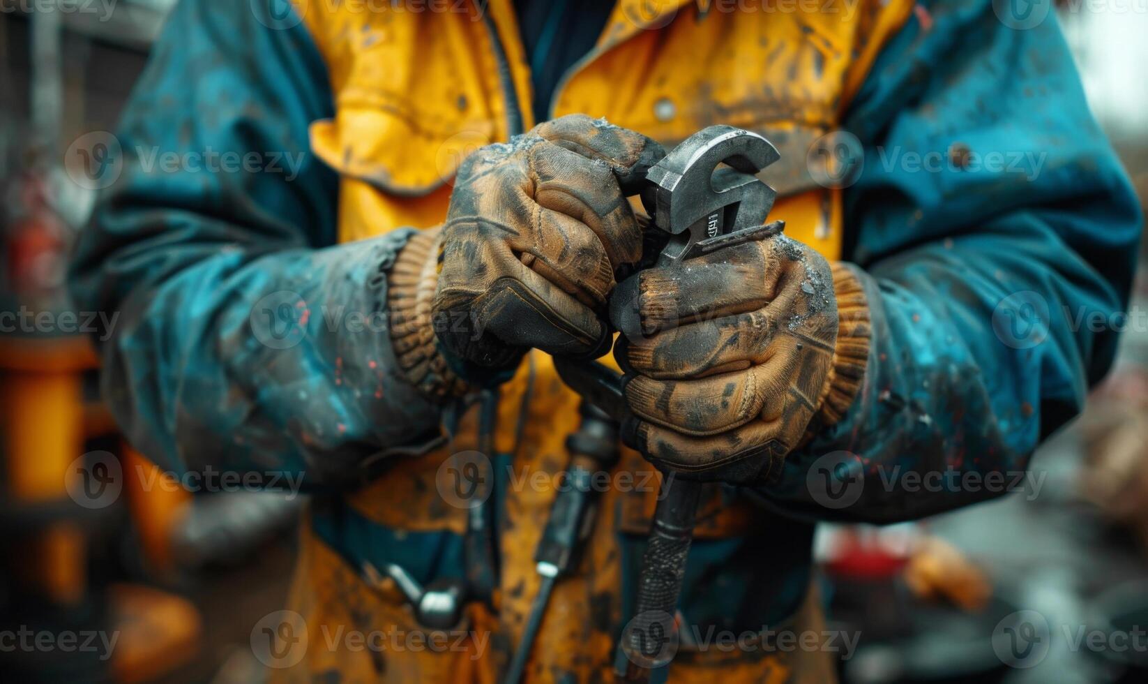 A close-up of a worker's hands gripping tools photo