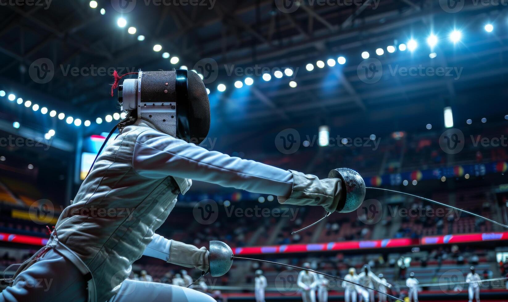 A fencer's body in action, with the opponent and fencing area in the background photo