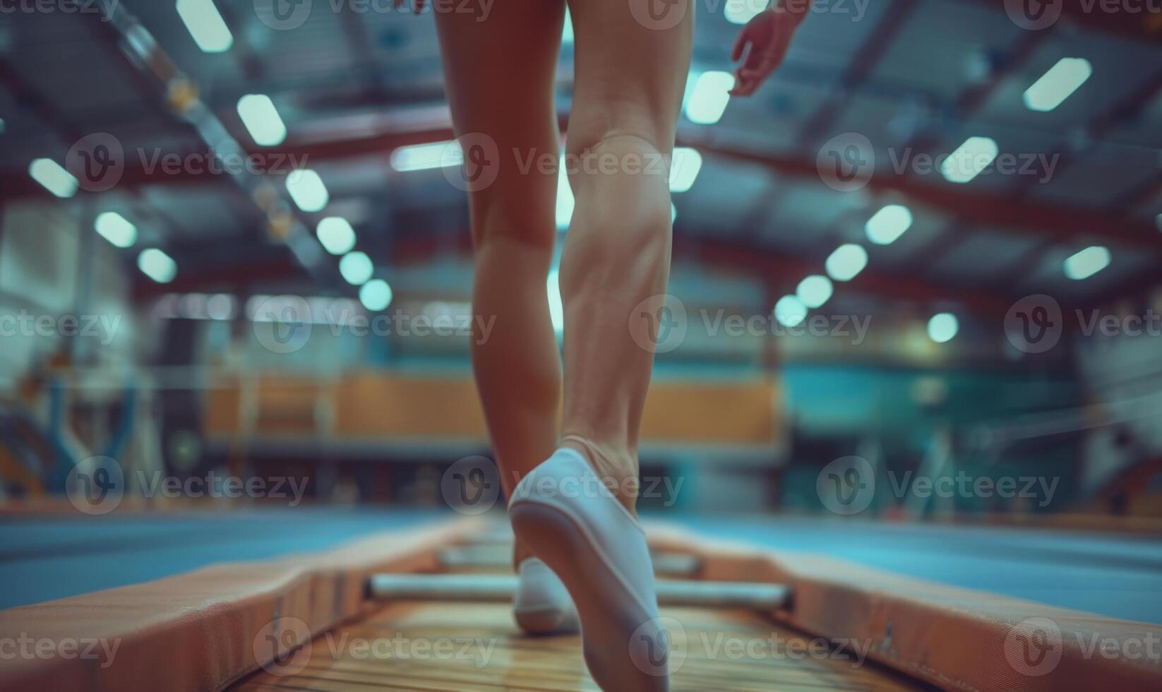 A gymnast's legs and arms on a balance beam, with the gymnasium in the background photo