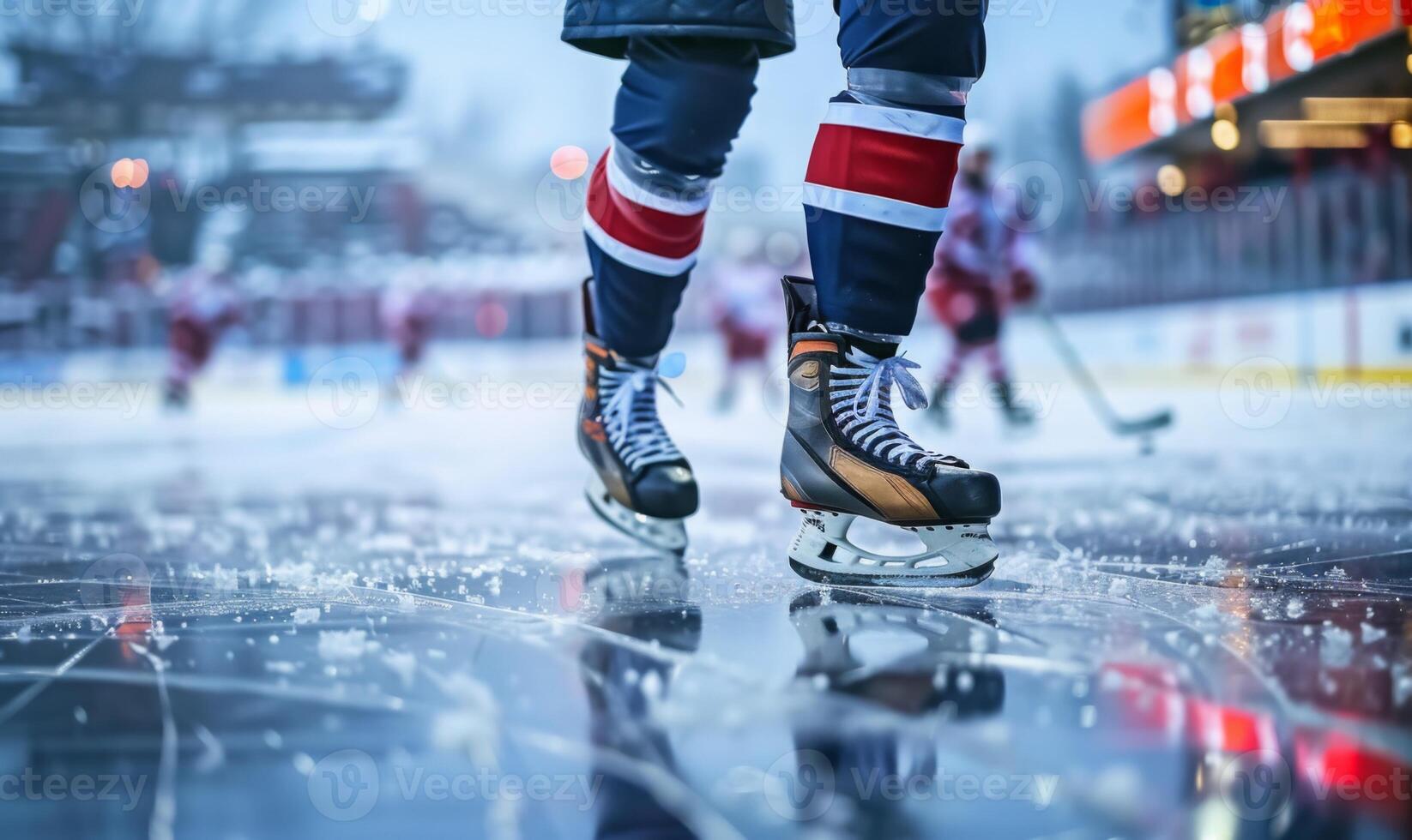 A hockey player's legs and skates gliding on ice, with the rink in the background photo