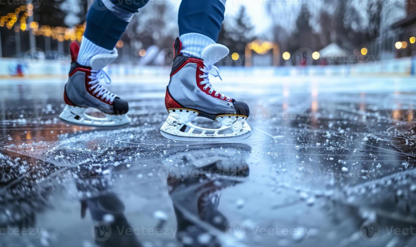A hockey player's legs and skates gliding on ice, with the rink in the background photo