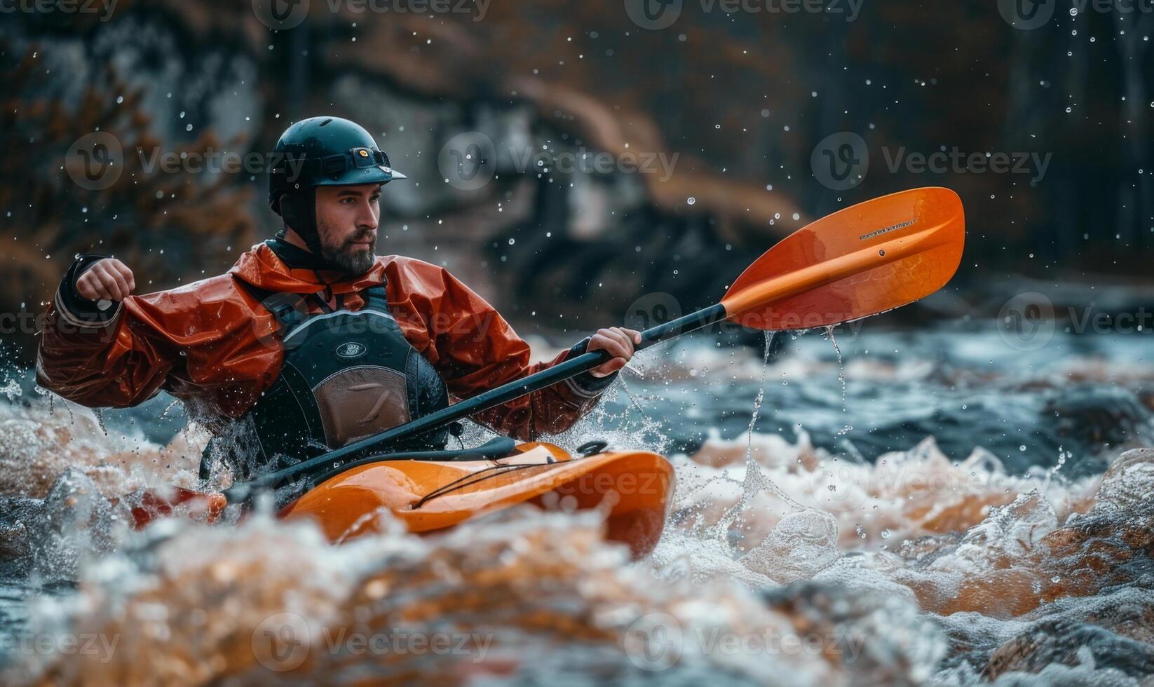 A kayaker's body and paddle in motion on a rapid river, with the surrounding landscape photo