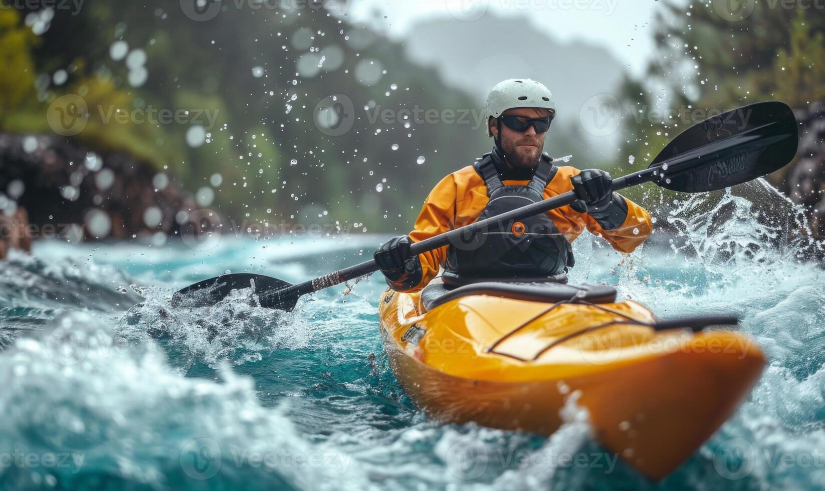 A kayaker's body and paddle in motion on a rapid river, with the surrounding landscape photo
