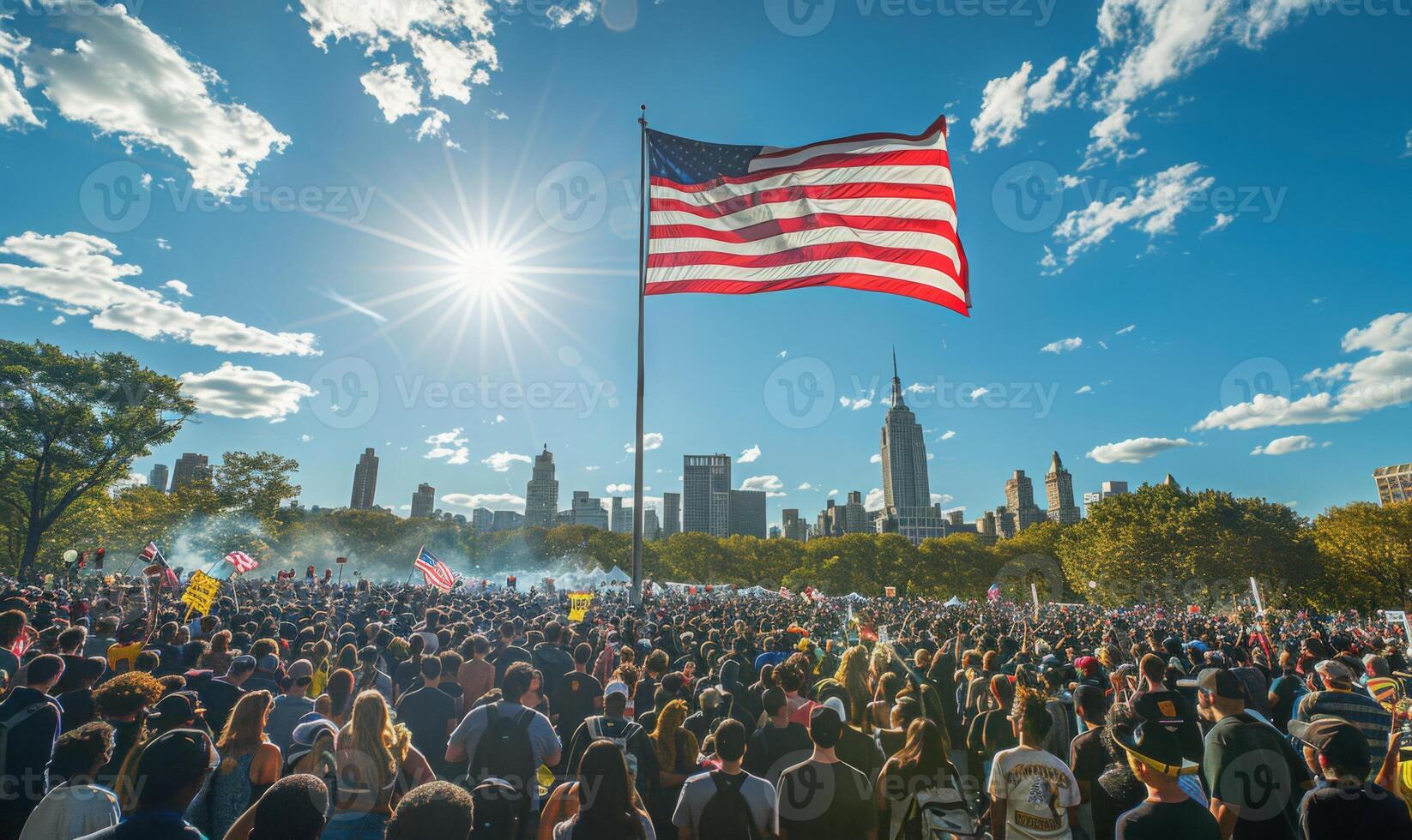 A monumental Labor Day rally at a historic landmark, workers gathered in solidarity with the USA flag soaring above photo