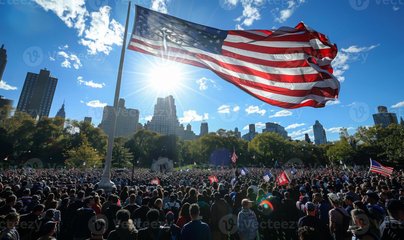 A monumental Labor Day rally at a historic landmark, workers gathered in solidarity with the USA flag soaring above photo