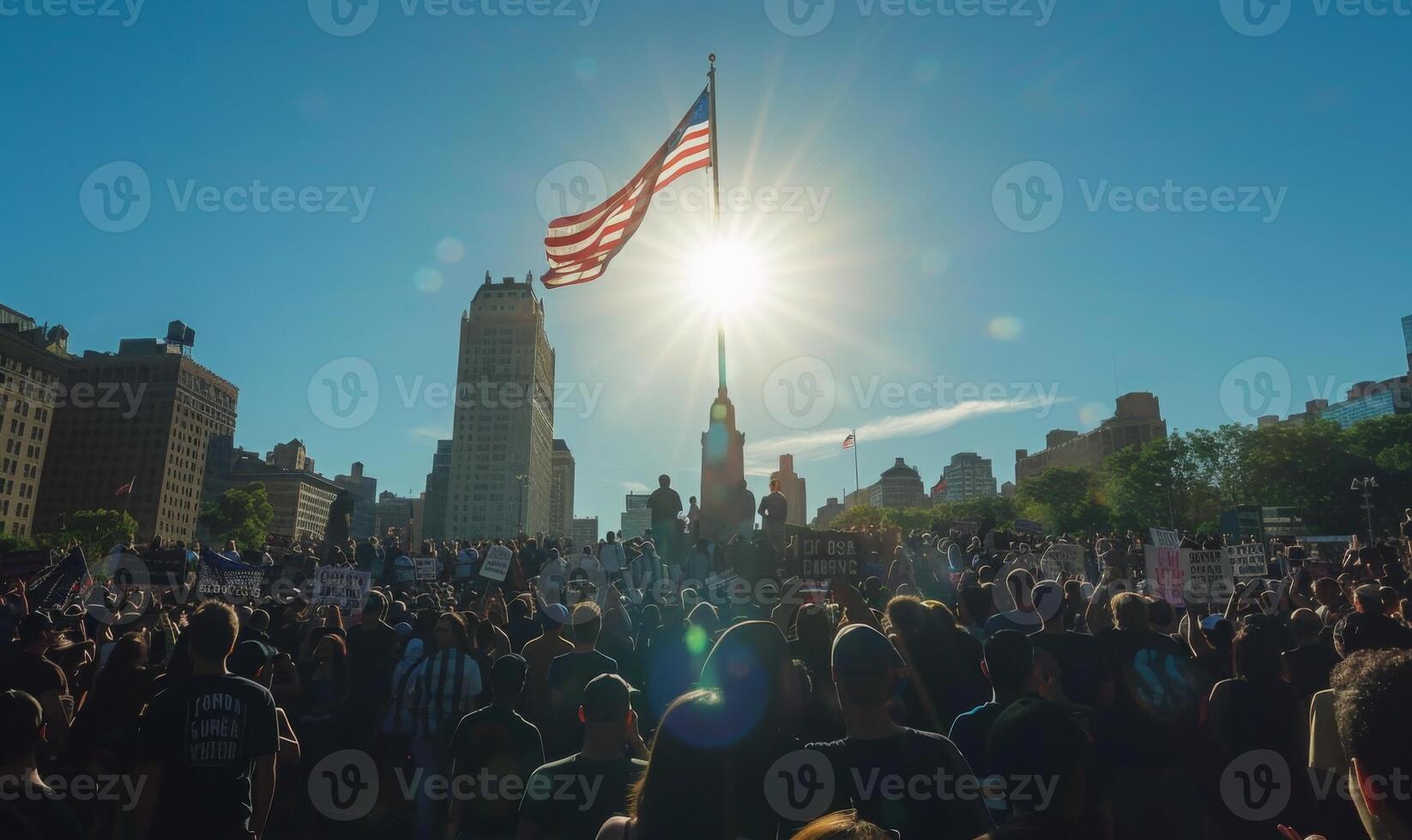 A monumental Labor Day rally at a historic landmark, workers gathered in solidarity with the USA flag soaring above photo