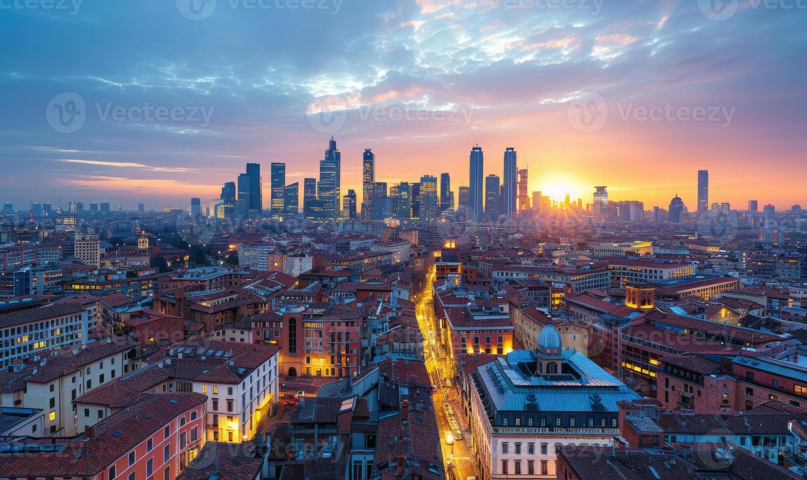 A panoramic cityscape featuring a mix of historical architecture and contemporary high-rises, illuminated by the setting sun photo