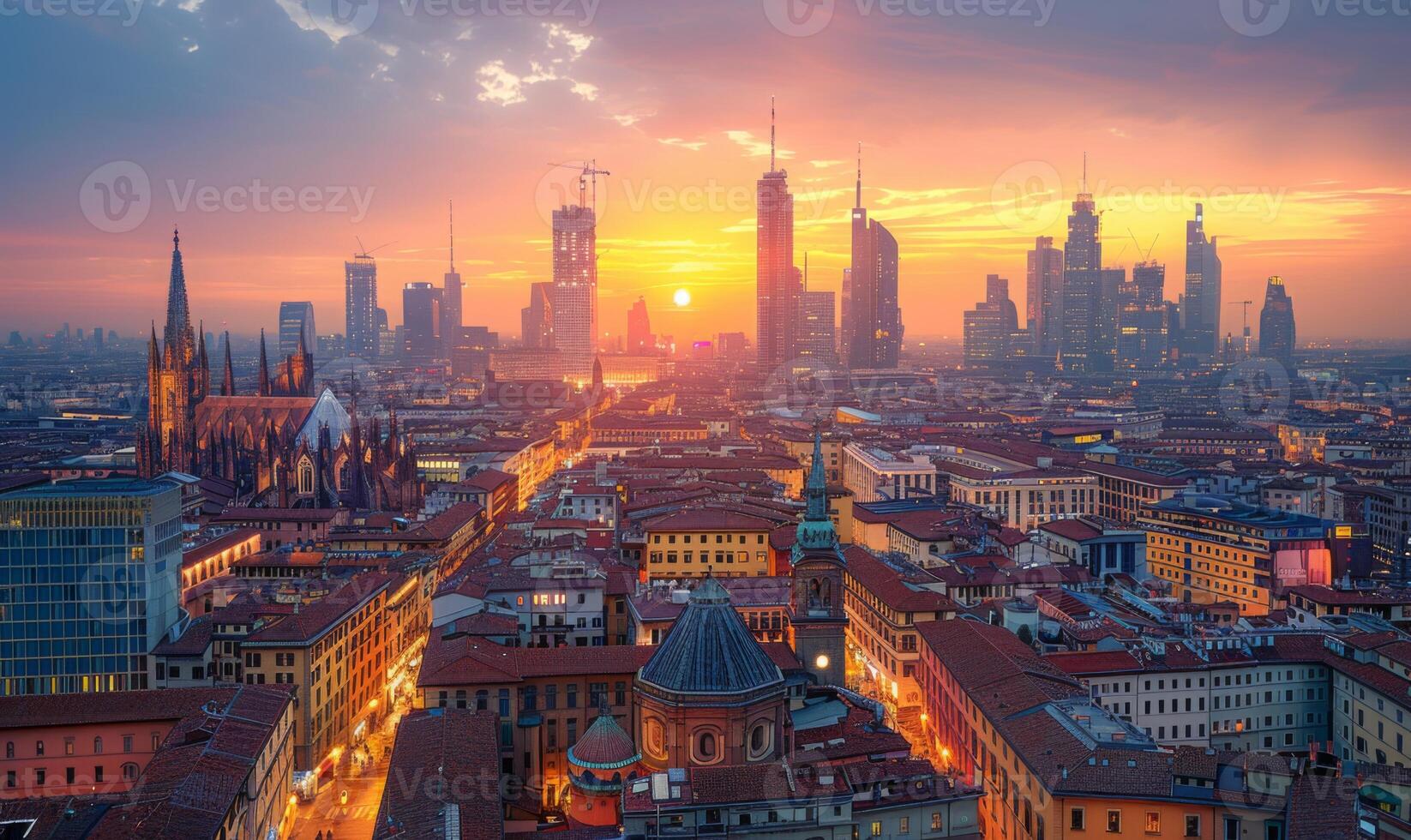 A panoramic cityscape featuring a mix of historical architecture and contemporary high-rises, illuminated by the setting sun photo