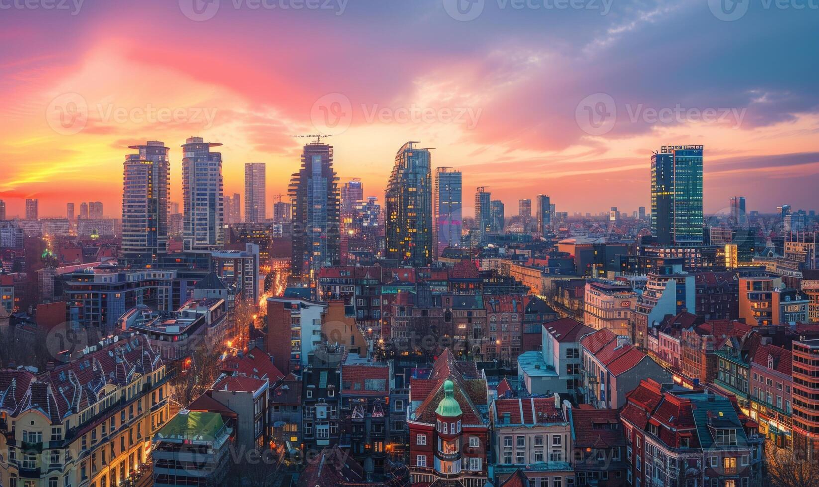 A panoramic cityscape featuring a mix of historical architecture and contemporary high-rises, illuminated by the setting sun photo