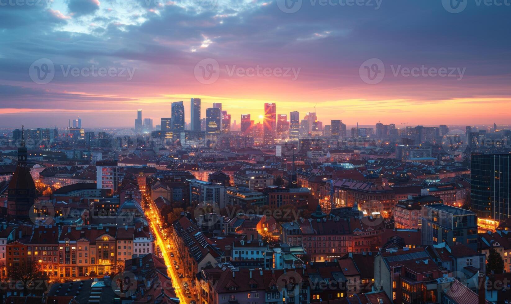 A panoramic cityscape featuring a mix of historical architecture and contemporary high-rises, illuminated by the setting sun photo