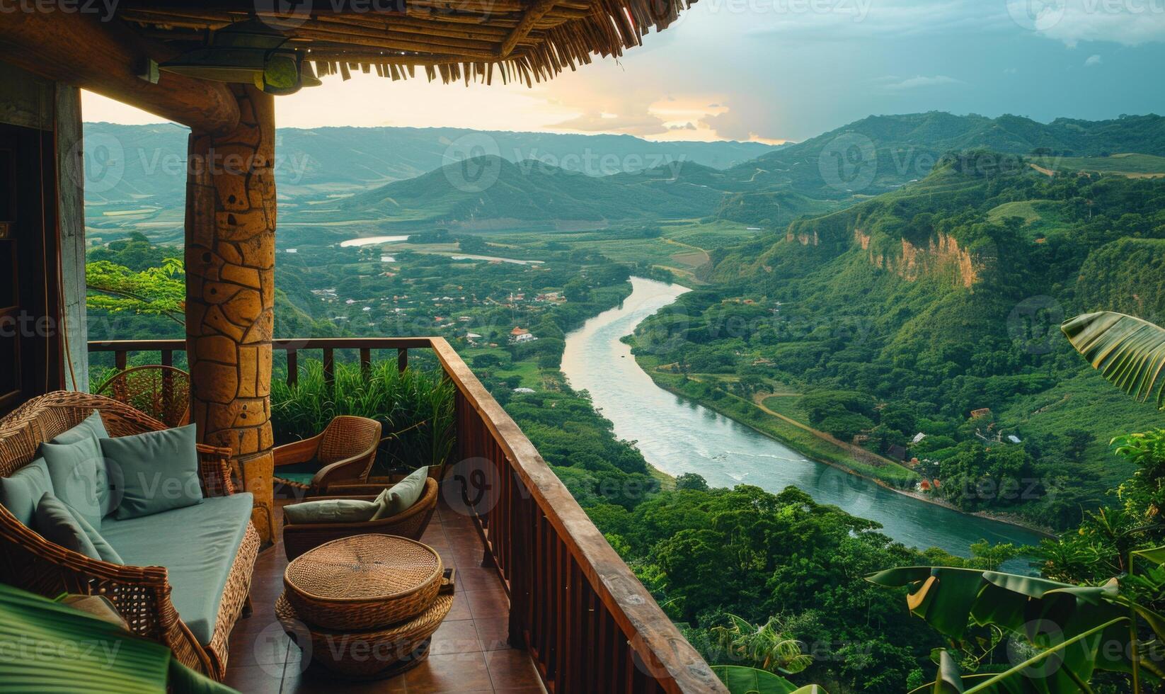 A panoramic view of a winding river through a lush valley, seen from a balcony of a highland retreat photo
