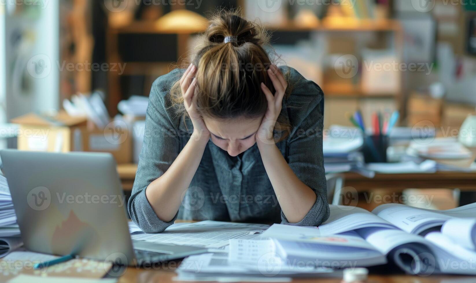 A person sitting at a cluttered desk, head in hands, surrounded by paperwork and a laptop photo