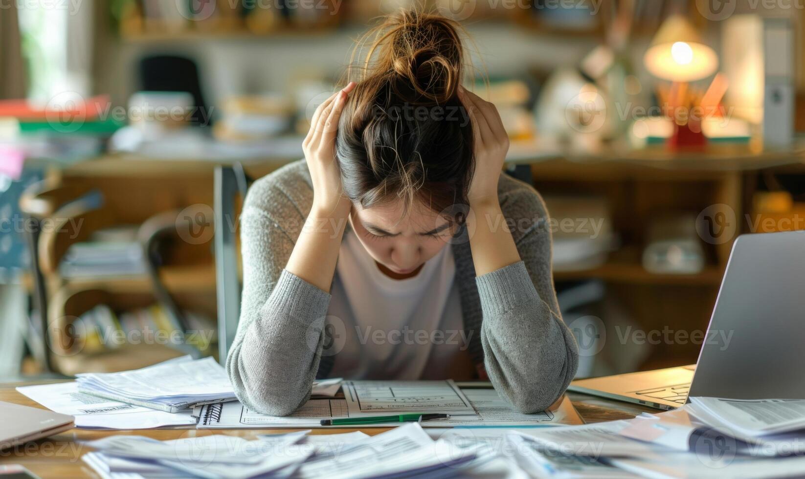 A person sitting at a cluttered desk, head in hands, surrounded by paperwork and a laptop photo
