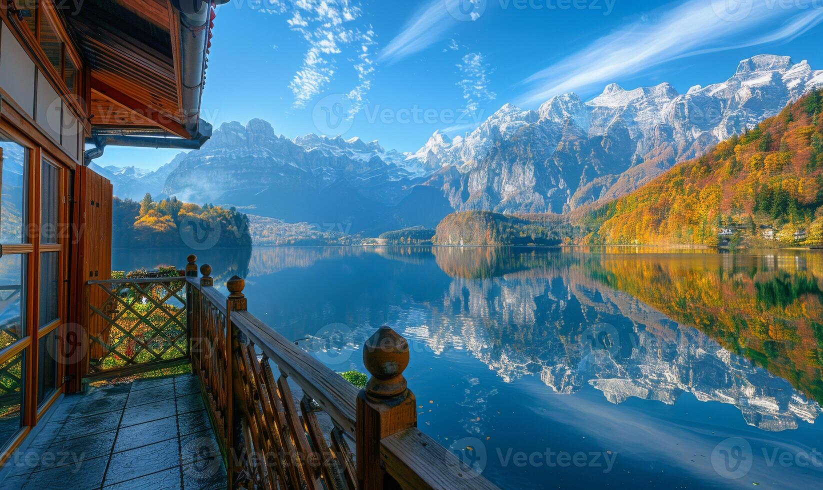 A picturesque alpine lake with reflection of surrounding mountains, seen from a balcony of a lakeside chalet photo