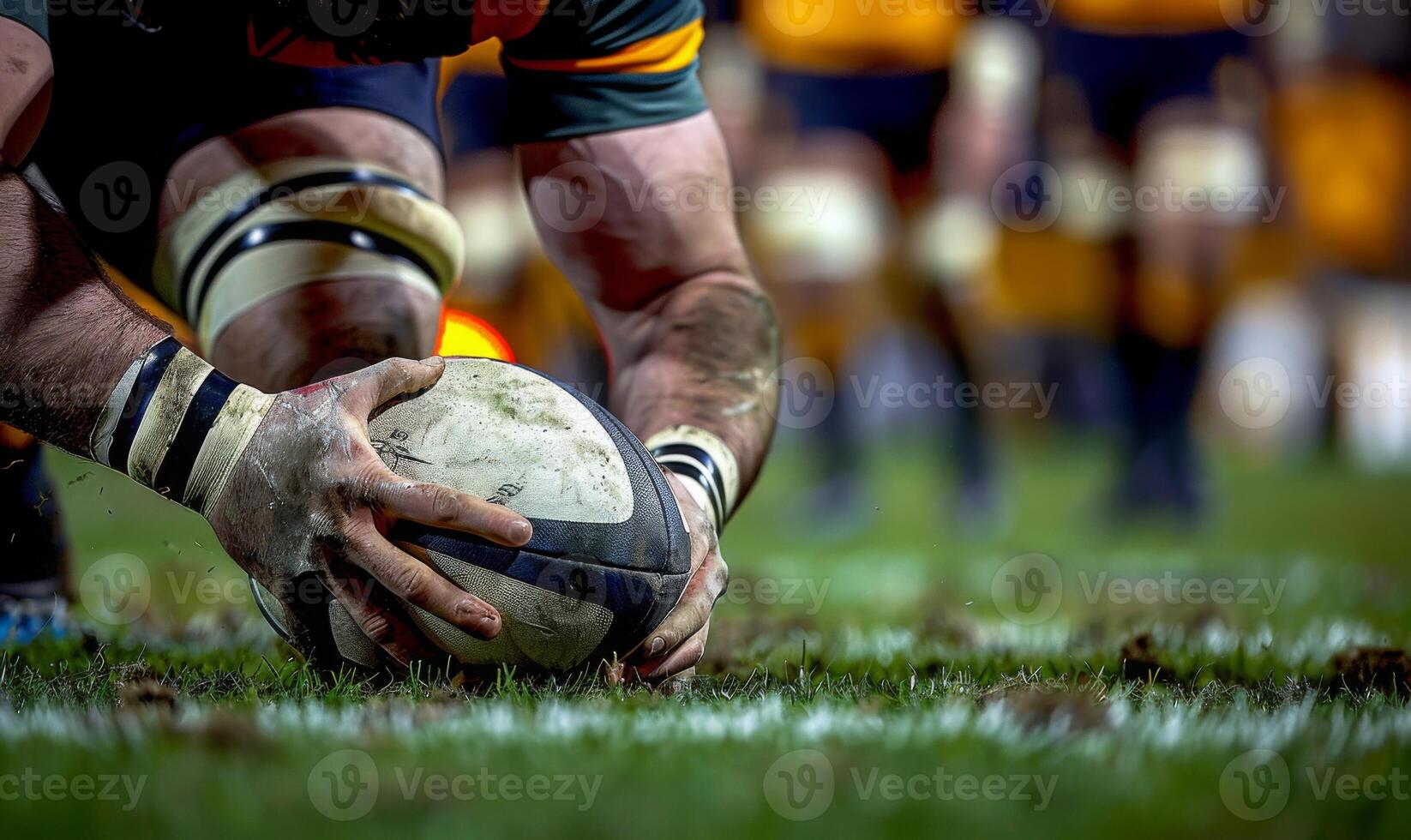 A rugby player's hands gripping the ball, with the field and players in the background photo
